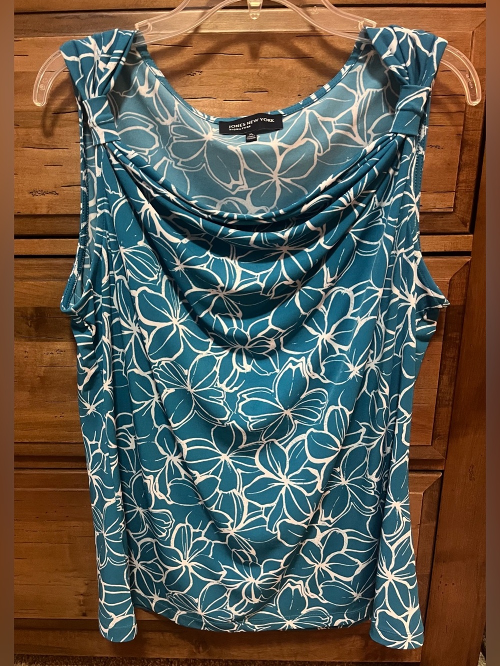 Jones New York Signature Teal and White Floral Cowl Neck Sleeveless Tank Size XL